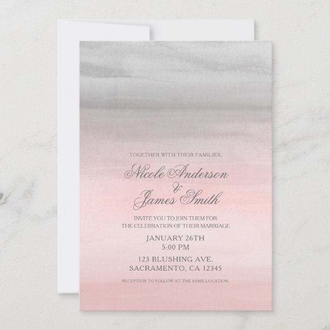 Invitación Boda moderna acuarela rosa sonrosado y gris (Anverso)