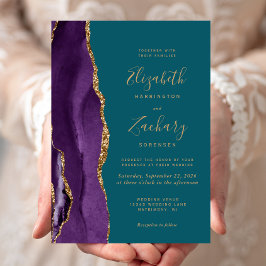 Invitación Boda Moderna Aguamarina Ágata Purpura Dorada