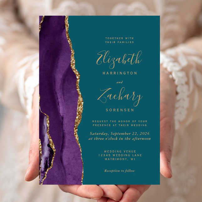 Invitación Boda Moderna Aguamarina Ágata Purpura Dorada (Subido por el creador)