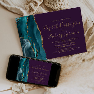 Invitación Boda Moderna Aguamarina Oro Ágata Púrpura