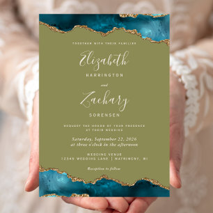 Invitación Boda Moderna Aguamarina Oro Ágata Verde Oliva