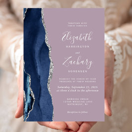 Invitación Boda Moderna Azul Marino Plata Ágata Malva