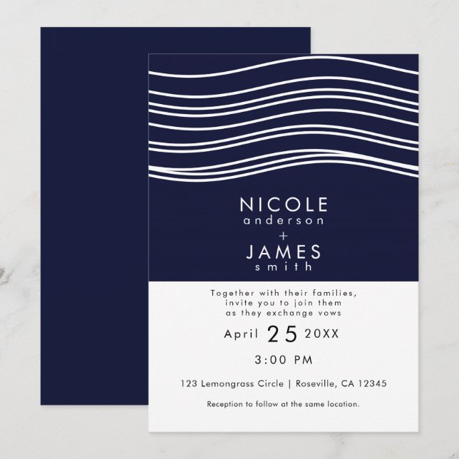 Invitación Boda moderna azul marino y blanco (Anverso / Reverso)