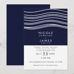 Invitación Boda moderna azul marino y blanco ondulado