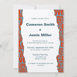 Invitación Boda Moderna Azul Rojo Amor Borde Crema