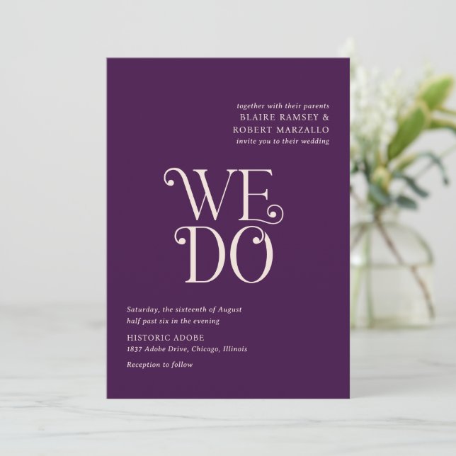 Invitación Boda moderna Blaire púrpura (Anverso de pie)