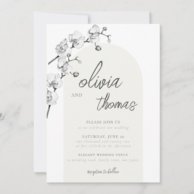 Invitación Boda Moderna Boho Arco Caligrafía Orquídeas Marfil (Anverso)