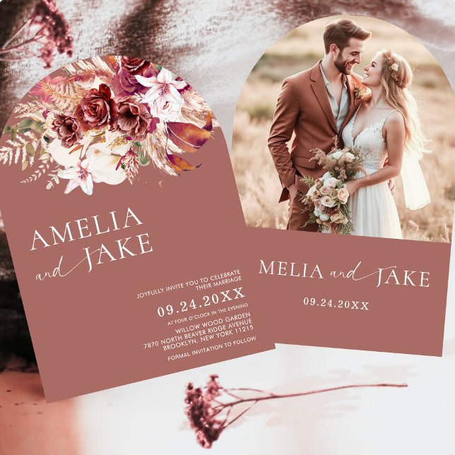 Invitación Boda moderna boho arco de foto de palo de rosa     (Subido por el creador)