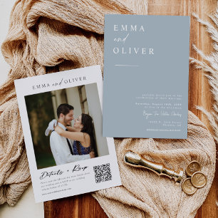 Invitación Boda moderna boho azul polvoriento código QR RSVP