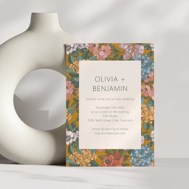 Invitación Boda moderna boho floral amarillo verde terroso (Subido por el creador)