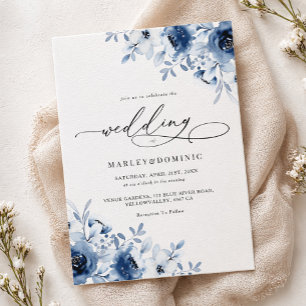 Invitación Boda moderna boho floral azul polvoriento acuarela