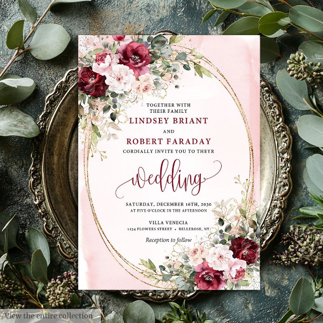 Invitación Boda Moderna Boho Rosa Roja Profunda Dorada Salvia (Modern Boho Deep Red Blush Gold Roses Sage Wedding Invitation)