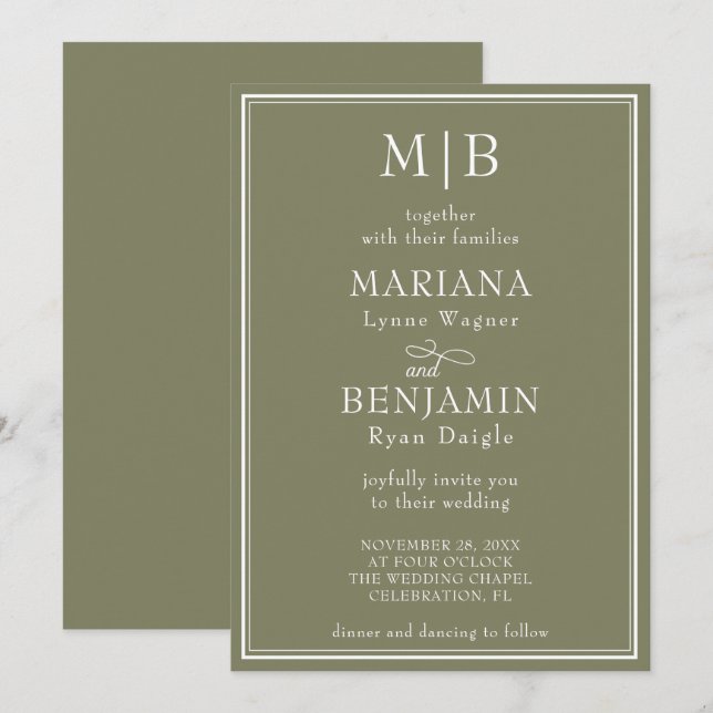 Invitación Boda moderna boho verde minimalista de frontera (Anverso / Reverso)