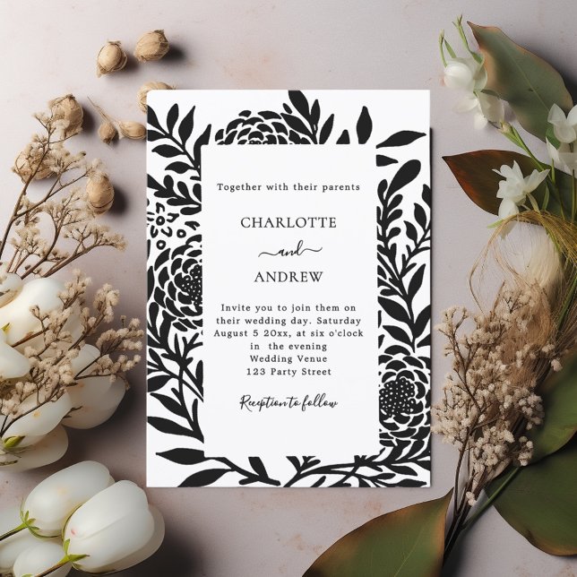 Invitación Boda moderna botánica blanco negro (Subido por el creador)