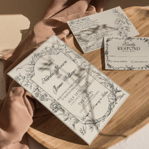 Invitación Boda Moderna Botánica Boho Floral Crema Negra
