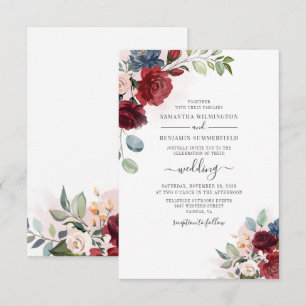 Invitación Boda moderna botánica borgoña con letra florida