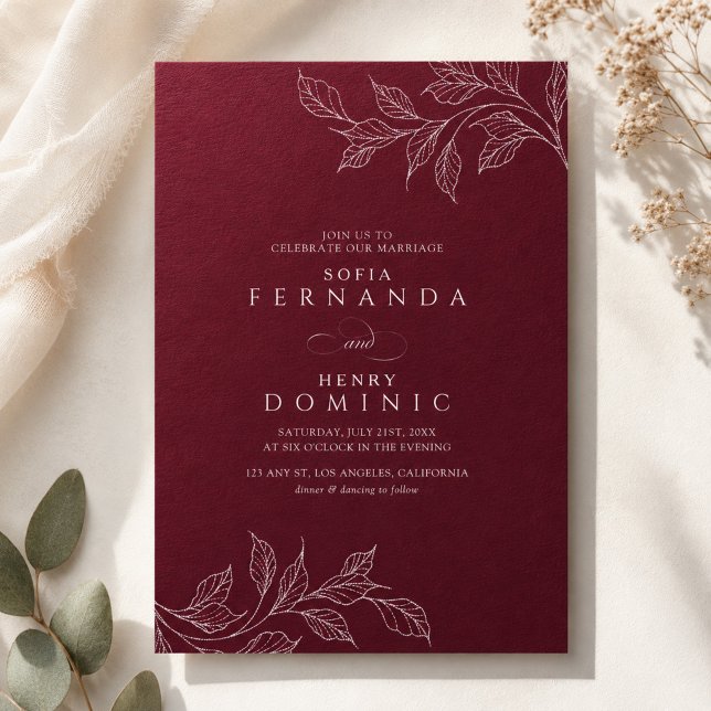Invitación Boda moderna botánica elegante borgoña (Subido por el creador)