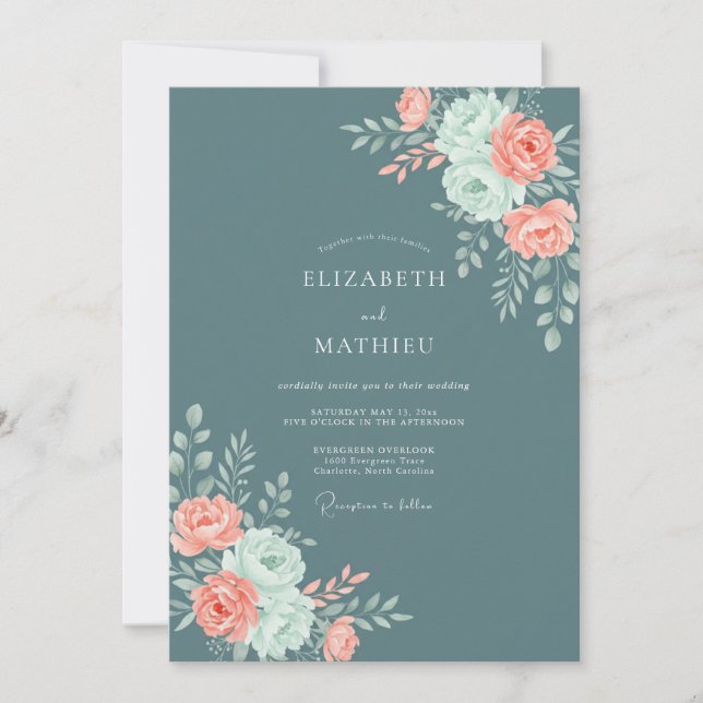 Invitación Boda moderna botánica en pizarra teal (Anverso)
