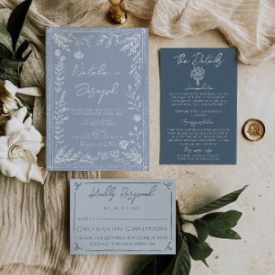 Invitación Boda moderna botánica floral azul boho