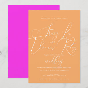 Invitación Boda Moderna Brillante Preciosa Escritura Naranja
