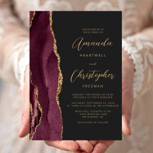 Invitación Boda Moderna Burgundy Oro Ágata Escritura Pizarra