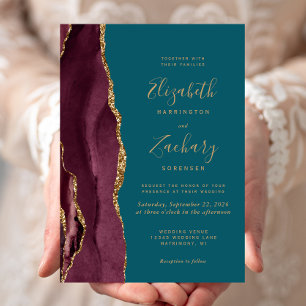 Invitación Boda Moderna Burgundy Oro Ágata Verde Teal