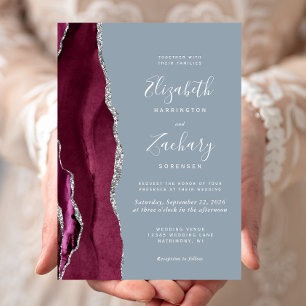 Invitación Boda Moderna Burgundy Plata Agata Azul Polvoriento
