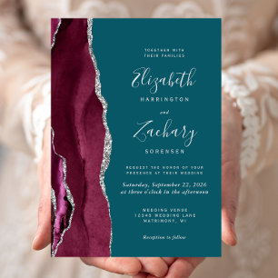Invitación Boda Moderna Burgundy Plata Ágata Azul Turquesa