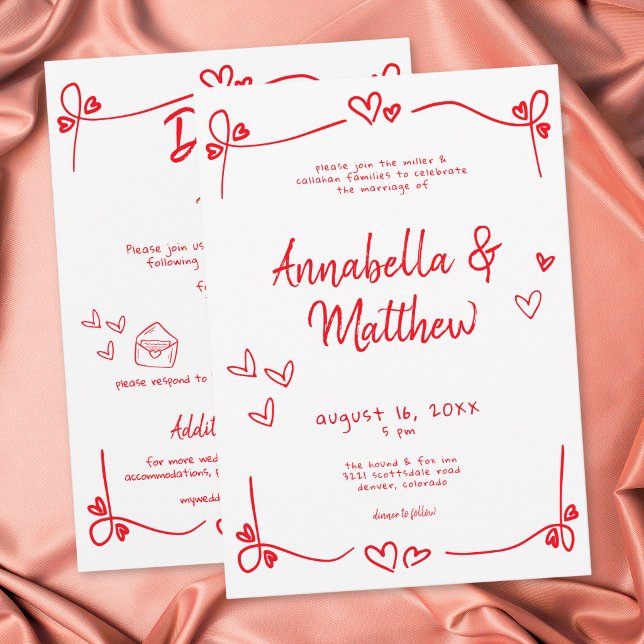 Invitación Boda moderna caprichosa con corazón dibujado a man (Red Hand Drawn Heart Whimsical Modern Wedding Invitation)