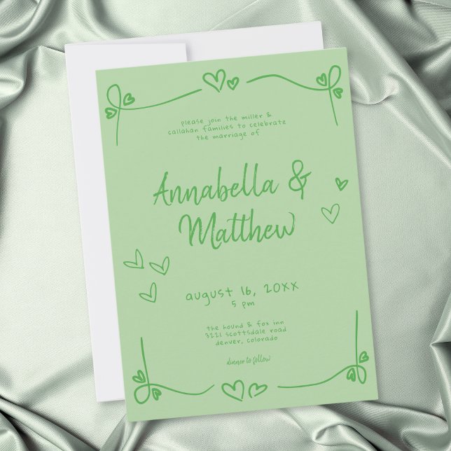 Invitación Boda moderna caprichosa con corazón dibujado a man (Green Hand Drawn Heart Whimsical Modern Wedding Invitation)