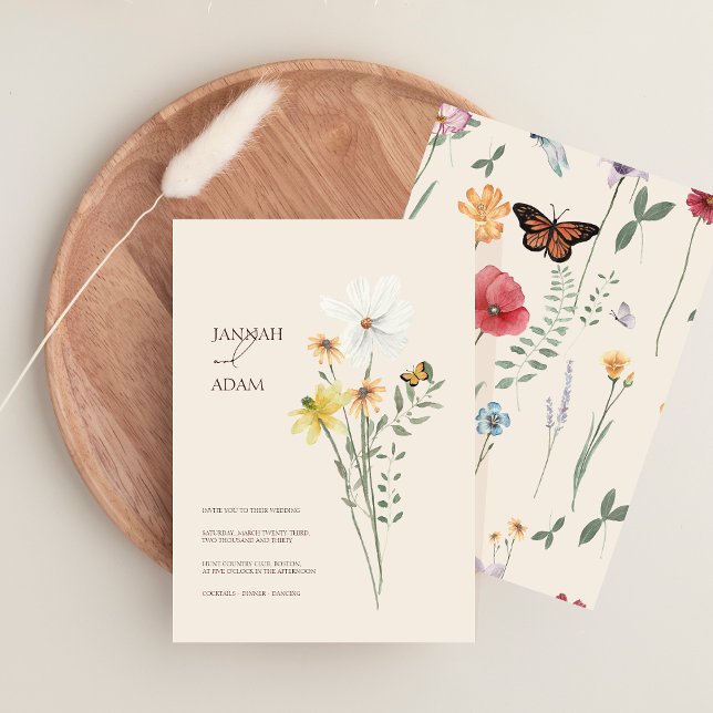 Invitación Boda moderna caprichosa de mariposa de flor silves (Whimsical Daisy Yellow Wildflowers Wedding Invitation)