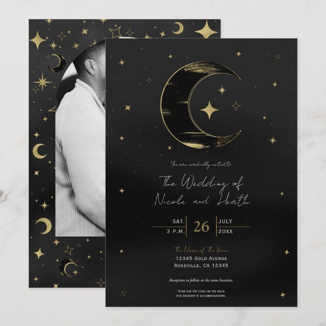 Invitación Boda Moderna Celestial de Luna y Estrellas Negro y (Anverso / Reverso)