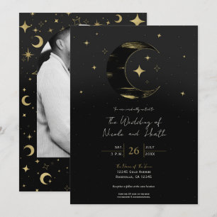 Invitación Boda Moderna Celestial de Luna y Estrellas Negro y