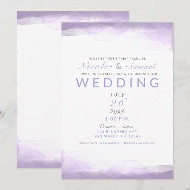 Invitación Boda moderna chic con acuarela de lavanda púrpura (Anverso / Reverso)