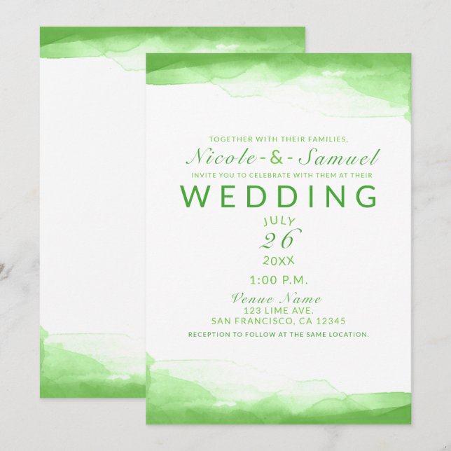Invitación Boda Moderna Chic con Acuarela de Verde Lima Brill (Anverso / Reverso)