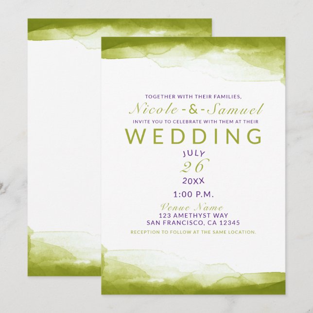 Invitación Boda Moderna Chic con Acuarela Verde Chartreuse (Anverso / Reverso)