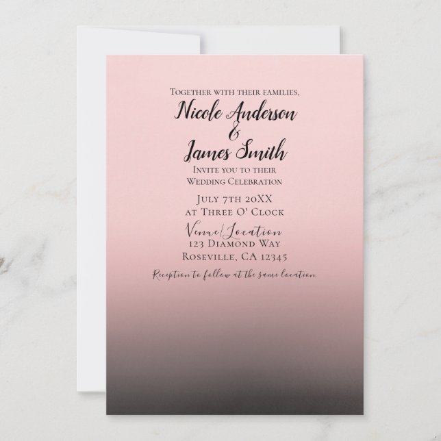 Invitación Boda moderna chic con degradado rosa y negro (Anverso)