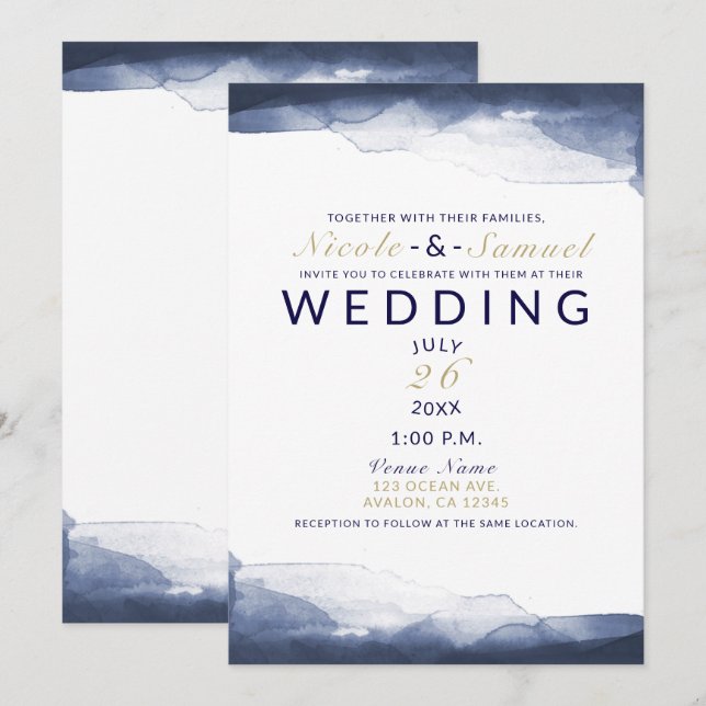 Invitación Boda moderna chic de acuarela azul marino (Anverso / Reverso)