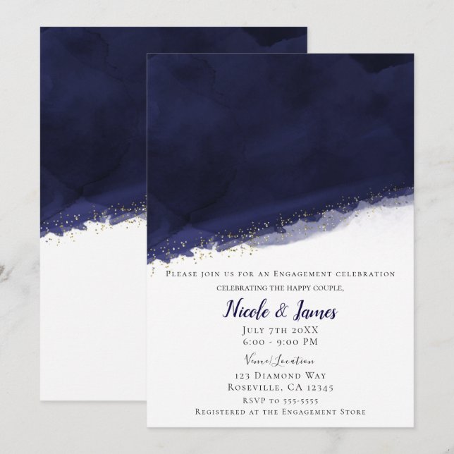 Invitación Boda moderna chic de acuarela azul marino y dorado (Anverso / Reverso)