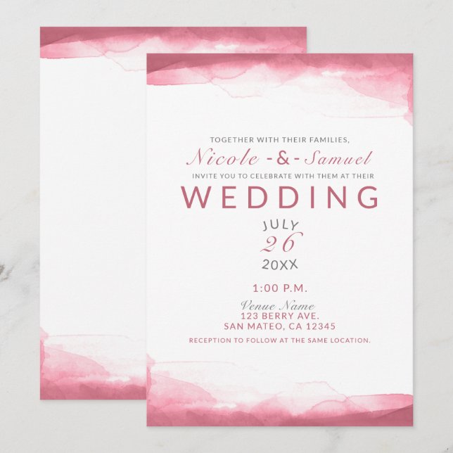 Invitación Boda moderna chic de acuarela rosa lavanda de baya (Anverso / Reverso)