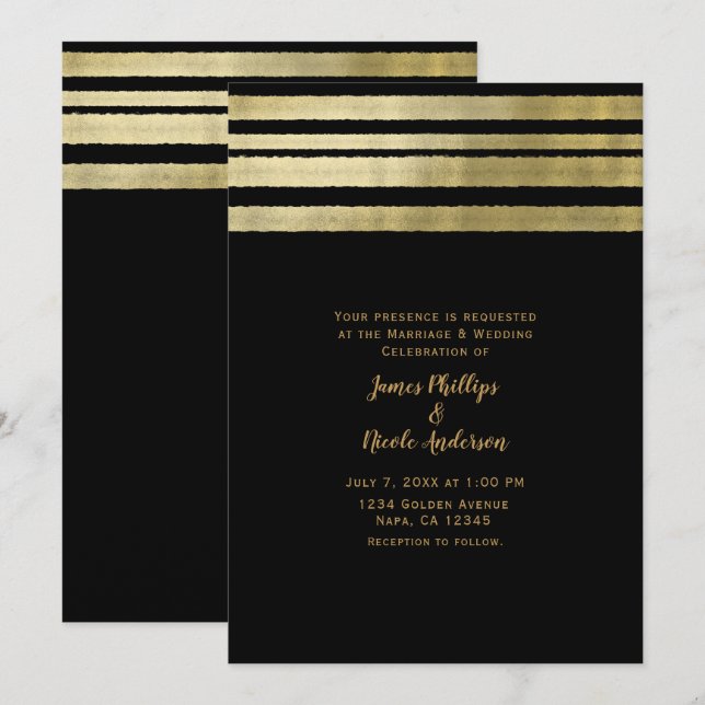 Invitación Boda moderna chic elegante dorada y negra (Anverso / Reverso)