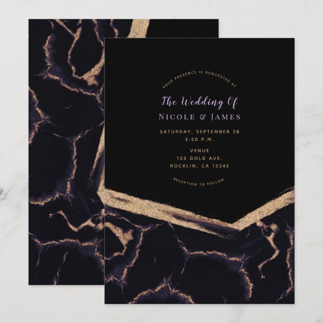 Invitación Boda moderna chic mármol negro púrpura y dorado (Anverso / Reverso)