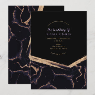 Invitación Boda moderna chic mármol negro púrpura y dorado