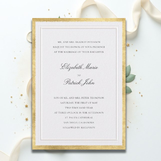 Invitación Boda moderna clásica de perla dorada falsa formal (formal traditional wedding invitation modern classic double frame ballroom black gold pearl white)