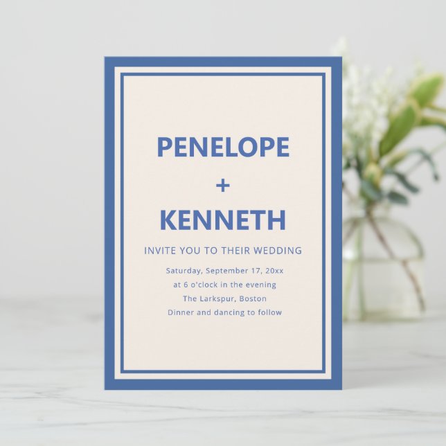 Invitación Boda moderna clásica simple con borde azul (Anverso de pie)