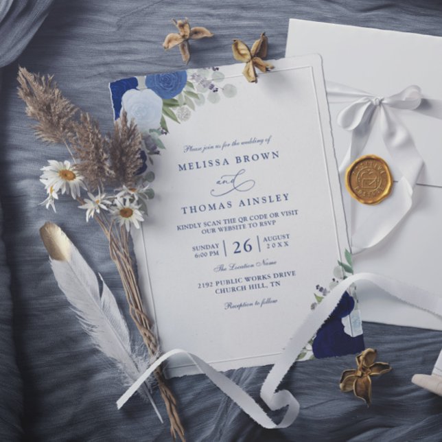 Invitación Boda moderna código QR rosas boho azul elegante (Subido por el creador)
