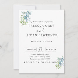 Invitación Boda moderna con acuarela de vegetación de eucalip
