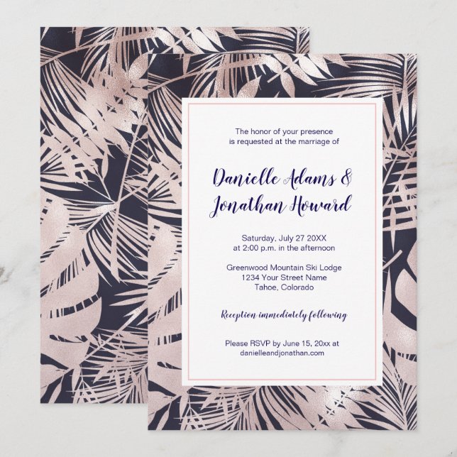 Invitación Boda Moderna con Azul Marítimo y Superposición de  (Anverso / Reverso)