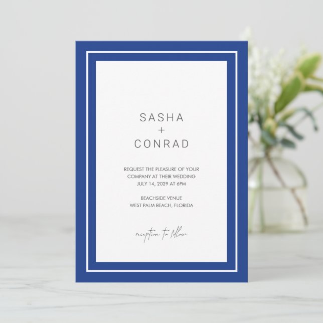 Invitación Boda moderna con borde audaz azul zafiro (Anverso de pie)