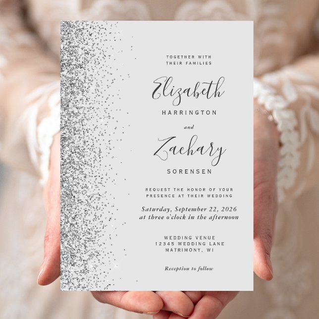 Invitación Boda moderna con borde de brillo plateado gris pál (Subido por el creador)